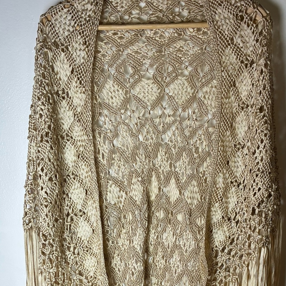Boho Crochet Fringe Women's Shawl 1920’S Cream braided satin ribbon macrame